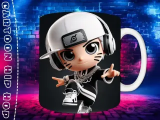 Plantilla de sublimación para taza con personaje Thor Chibi en estilo Hip Hop, con gorra, auriculares dorados y cadenas de oro, sobre fondo de pared de ladrillos neón.