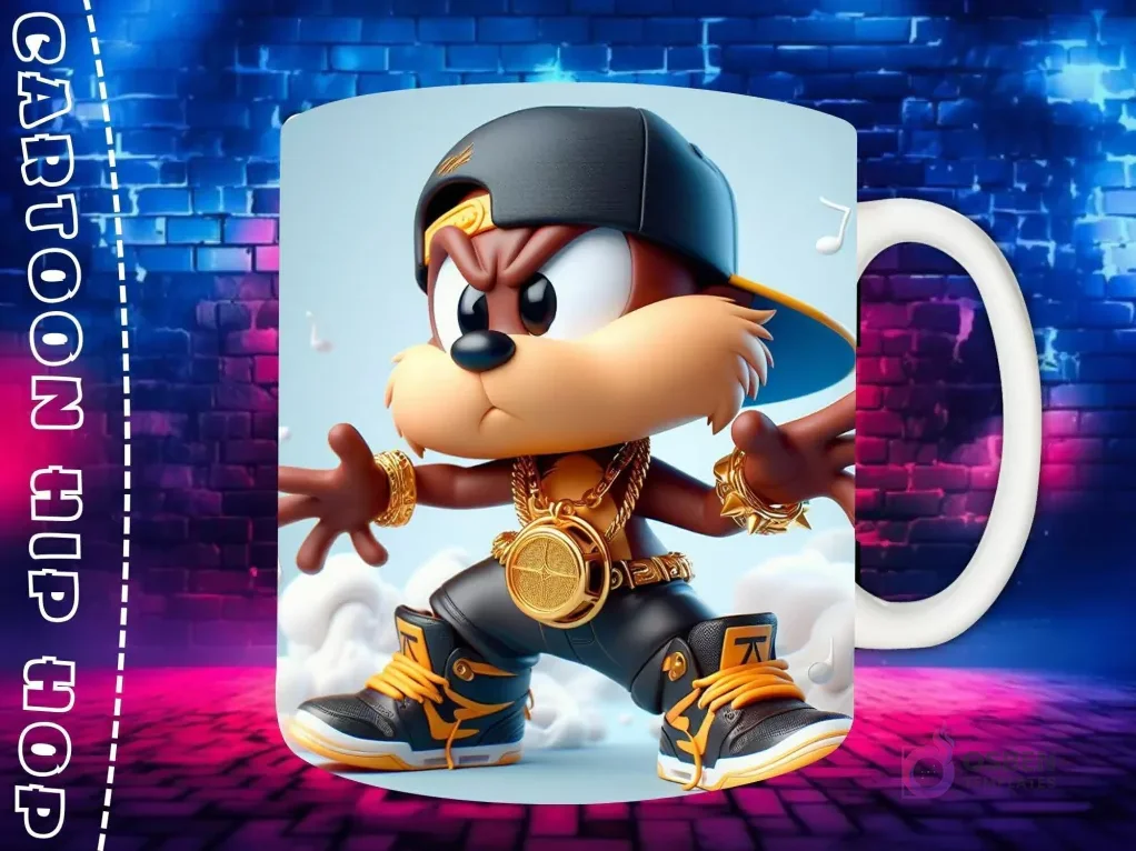 Plantilla de sublimación para taza con personaje Bart Simpson Chibi en estilo Hip Hop, con gorra negra, auriculares dorados y cadenas de oro, sobre fondo de pared de ladrillos neón.
