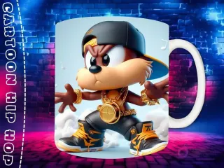 Plantilla de sublimación para taza con personaje Bart Simpson Chibi en estilo Hip Hop, con gorra negra, auriculares dorados y cadenas de oro, sobre fondo de pared de ladrillos neón.