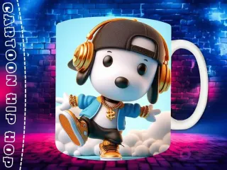 Plantilla de sublimación para taza con personaje Loki Chibi en estilo Hip Hop, con gorra negra, auriculares dorados y cadenas de oro, sobre fondo de pared de ladrillos neón.