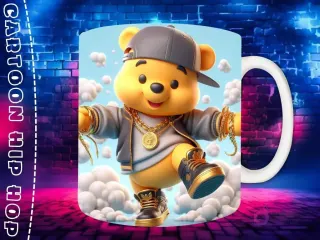 Plantilla de sublimación para taza con personaje Thanos Chibi en estilo Hip Hop, con gorra amarilla, auriculares dorados y joyas de oro, sobre fondo de pared de ladrillos neón.