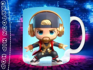 Plantilla de sublimación para taza con personaje Spider-Man Chibi en estilo Hip Hop, con auriculares dorados y cadenas de oro, sobre fondo de pared de ladrillos neón.