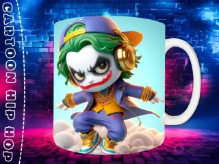 Plantilla de sublimación para taza con personaje Bugs Bunny Chibi en estilo Hip Hop, con gorra azul, auriculares dorados y cadenas de oro, sobre fondo de pared de ladrillos neón.