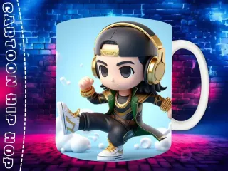 Plantilla de sublimación para taza con personaje Vegeta Chibi en estilo Hip Hop, con auriculares blancos y cadenas de oro, sobre fondo de pared de ladrillos neón.