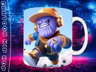 Plantilla de sublimación para taza con personaje Capitán América Chibi en estilo Hip Hop, con gorra de bandera americana, auriculares y joyas doradas, sobre fondo de pared de ladrillos neón.