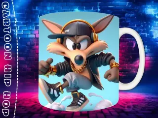 Plantilla de sublimación para taza con personaje Wile E. Coyote Chibi en estilo Hip Hop, con gorra negra, auriculares y cadenas de oro, sobre fondo de pared de ladrillos neón.