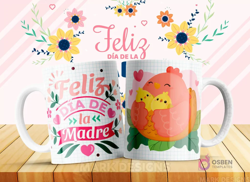 Taza sublimada con diseño 'Feliz Día de la Madre' y una gallina madre con dos pollitos en estilo tierno