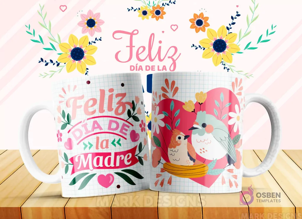 Taza sublimada con diseño 'Feliz Día de la Madre' y un par de pájaros, madre e hijo, en un nido con detalles florales