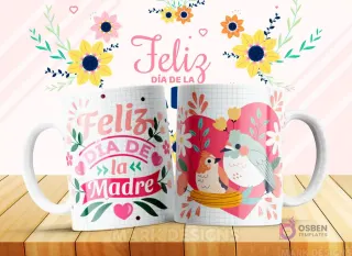Taza sublimada con diseño 'Feliz Día de la Madre' y un par de pájaros, madre e hijo, en un nido con detalles florales
