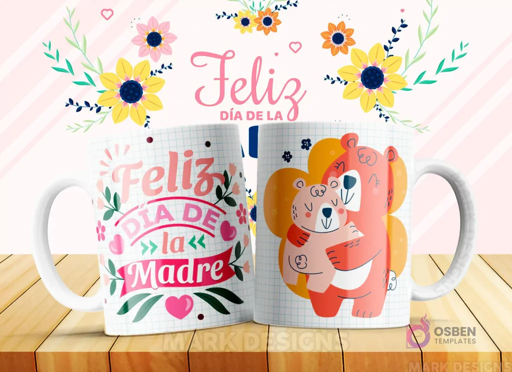 Taza sublimada con diseño 'Feliz Día de la Madre' y una osa madre abrazando tiernamente a su osezno