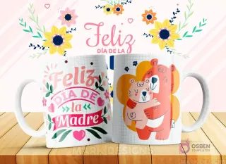 Taza sublimada con diseño 'Feliz Día de la Madre' y una osa madre abrazando tiernamente a su osezno