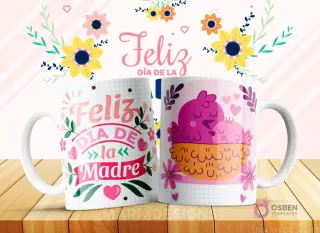 Taza sublimada con diseño 'Feliz Día de la Madre' y una madre pájaro con su cría en un nido, estilo caricatura adorable