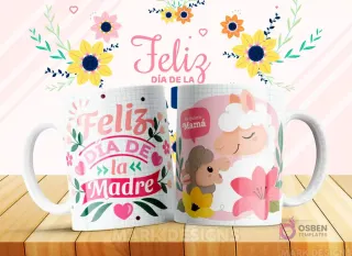 Taza sublimada con diseño 'Feliz Día de la Madre' y una llama madre con su cría, junto a la frase 'Te Quiero Mamá'