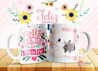 Taza sublimada con diseño 'Feliz Día de la Madre' y una gata madre con su gatito, con la frase 'Te Quiero'
