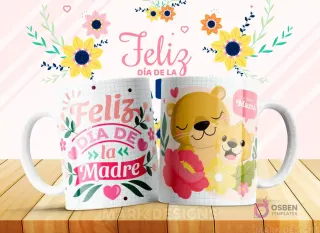 Taza sublimada con diseño 'Feliz Día de la Madre' y una leona madre con su cachorro, con la frase 'Te Amo Mamá'