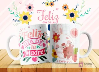 Taza sublimada con diseño 'Feliz Día de la Madre' y una coneja madre abrazando a su conejito, con la frase 'I love you'