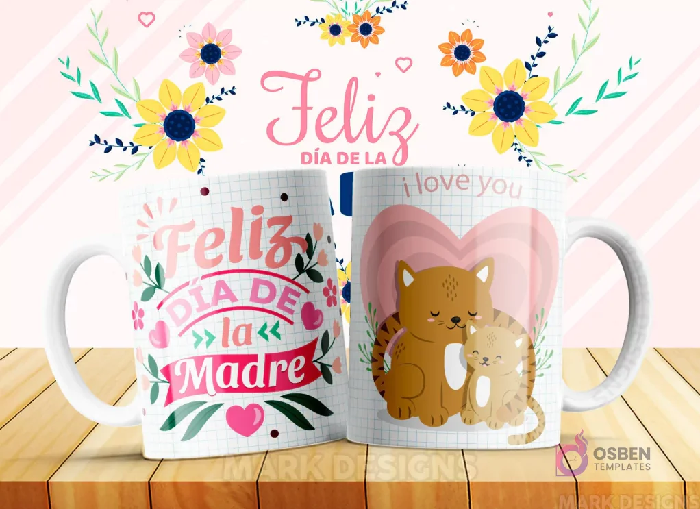 Taza sublimada con diseño 'Feliz Día de la Madre' y una gata madre con su pequeño gatito rayado, con la frase 'I love you'