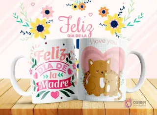 Taza sublimada con diseño 'Feliz Día de la Madre' y una gata madre con su pequeño gatito rayado, con la frase 'I love you'