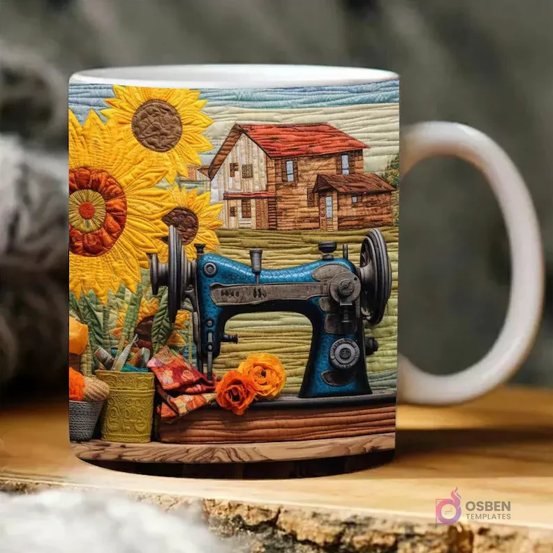Taza sublimada con máquina de coser vintage azul estilo 3D, girasoles y granero rústico, textura de patchwork.