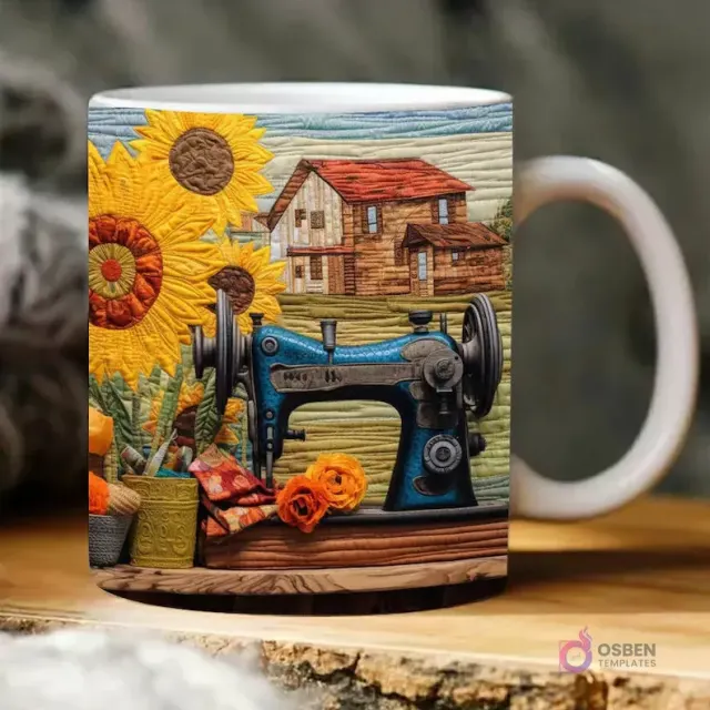 Taza sublimada con máquina de coser vintage azul estilo 3D, girasoles y granero rústico, textura de patchwork.