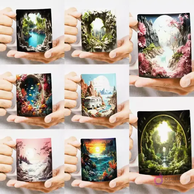 Mug con diseño 3D de una laguna azul cristalina dentro de una cueva rocosa con vegetación exuberante, sostenido por manos.