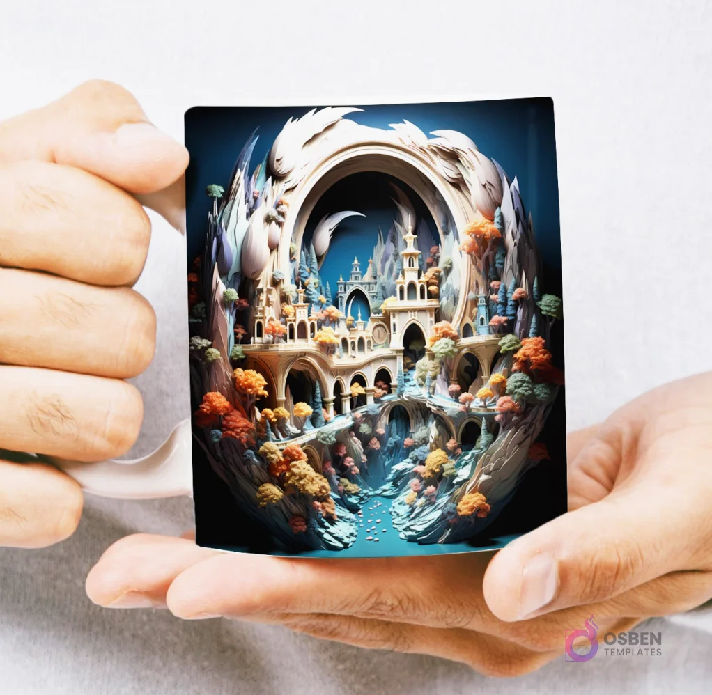 Mug con diseño 3D de paisaje fantástico con montañas, cascada y flores de cerezo rosas, dentro de un marco circular, sostenido por manos.