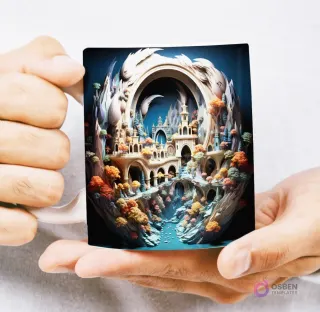 Mug con diseño 3D de paisaje fantástico con montañas, cascada y flores de cerezo rosas, dentro de un marco circular, sostenido por manos.