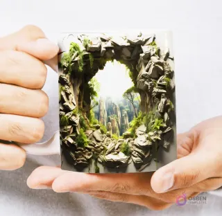 Mug con diseño 3D de furgoneta camper estacionada en una playa de montaña con olas del océano al atardecer, sostenido por manos.