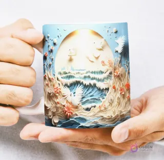 Mug con diseño 3D de un exuberante valle selvático con ruinas antiguas y un río bajo un arco bañado por el sol, sostenido por manos.