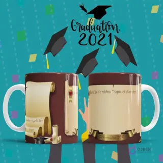 Tazas de sublimación con diseño de pergamino antiguo para graduación, con espacios para nombre, grupo y promoción 2021 de jardín de niños.