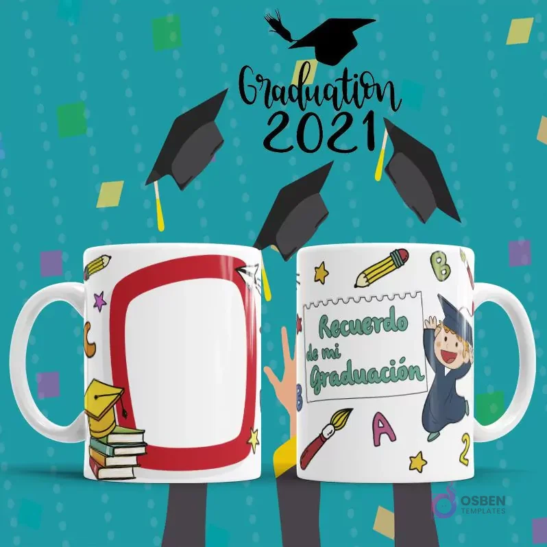 Tazas de sublimación con diseño de graduación con útiles escolares y un niño graduado de caricatura. Espacio en blanco con marco rojo para foto.