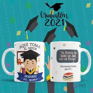 Taza de sublimación con un niño graduado de caricatura y el mensaje 'AQUÍ TOMA EL MEJOR GRADUADO DEL MUNDO!' y cita motivacional.