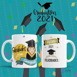 Dos tazas de sublimación con diseño de graduación, una con caricatura de niña graduada y 'Felicidades lo has Conseguido', otra con 'PROMO 2021'.