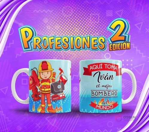 Taza de sublimación personalizada con diseño de Bombero y nombre 'Iván', del pack Profesiones El Mejor Volumen 2