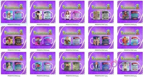 Vista en cuadrícula de plantillas de tazas para sublimación de profesiones como ingeniera, mecánico, psicóloga y más del volumen 2