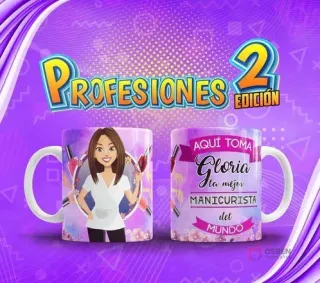 Taza de sublimación con diseño de Manicurista 'Gloria', rodeada de esmaltes, del pack Profesiones El Mejor Volumen 2