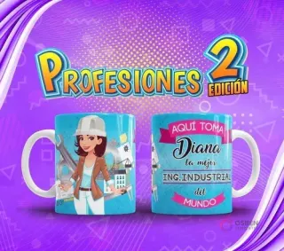 Taza personalizada con diseño de Ingeniera Industrial 'Diana', con casco y herramientas, del pack Profesiones El Mejor Volumen 2