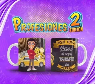 Taza para sublimar con ilustración de Taxista 'Jeison' y taxi amarillo, del pack Profesiones El Mejor Volumen 2