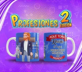 Taza de sublimación con diseño de Productor Musical 'Kevin' con instrumentos y equipos, del pack Profesiones El Mejor Volumen 2