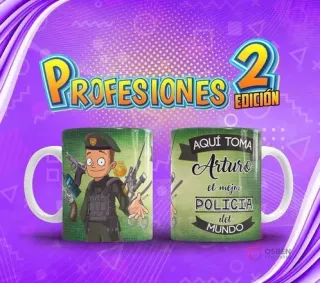 Taza personalizada con diseño de Policía 'Arturo' y armas, del pack Profesiones El Mejor Volumen 2