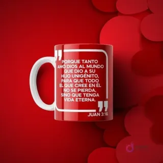 Taza de sublimación roja brillante con el versículo bíblico Juan 3:16 'Porque tanto amó Dios al mundo...' en letras blancas.