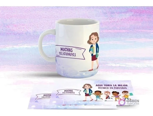 Taza blanca con diseño de Técnico Párvulos de cabello oscuro, vestida de chaqueta y falda, sosteniendo libros. Mensaje en cinta 'Muchas Felicidades'.