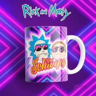 Taza sublimada de Rick y Morty con gafas de sol y texto 'Get Schwifty' sobre fondo de líneas neón moradas