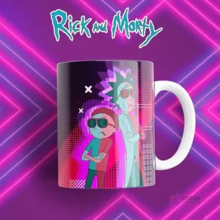 Taza sublimada con Rick y Morty de pie, estilizados con gafas, sobre un fondo neón degradado morado y rosa