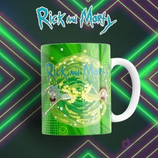 Taza sublimada verde con Rick y Morty emergiendo de un portal interdimensional brillante sobre un fondo geométrico neón verde
