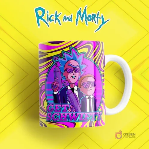 Taza sublimada vibrante con Rick armado y Morty con gafas, ambos con la frase 'Get Schwifty', sobre un fondo psicodélico amarillo y rosa