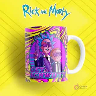 Taza sublimada vibrante con Rick armado y Morty con gafas, ambos con la frase 'Get Schwifty', sobre un fondo psicodélico amarillo y rosa