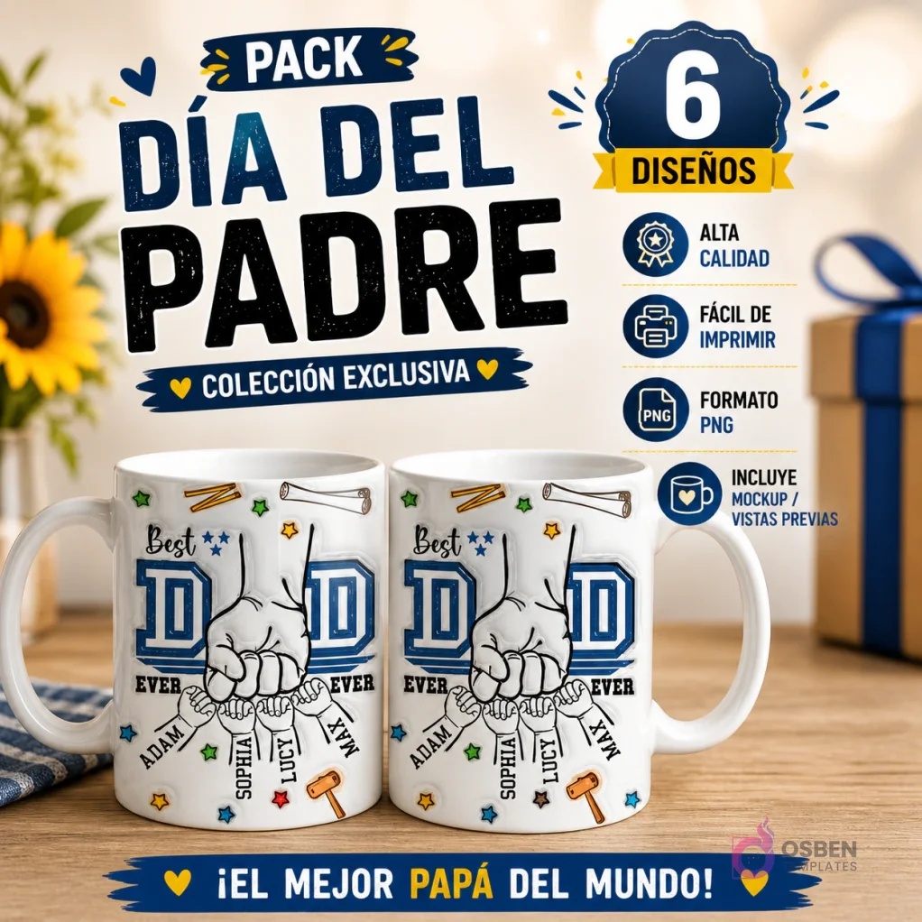 Mockup de dos tazas blancas sublimadas con diseño del Día del Padre 'Best DAD EVER' mostrando el puño de un padre y cuatro manitos de hijos personalizadas con nombres (Adam, Sophia, Lucy, Max), sobre un fondo borroso con un girasol y un regalo azul. Con banners promocionales indicando 'Pack Día del Padre', '6 Diseños', 'Alta Calidad', 'Fácil de Imprimir', 'Formato PNG', 'Incluye Mockup / Vistas Previas' y '¡El Mejor Papá del Mundo!'