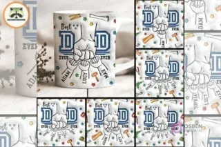 Mosaico de seis variaciones diferentes del diseño de plantillas para tazas del Día del Padre, mostrando combinaciones de puños, manitos y herramientas, con una taza física de ejemplo a la izquierda con el diseño completo.