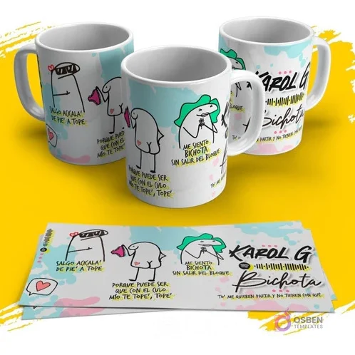 Tres tazas blancas con diseños Flork y letra de Karol G "Bichota" sobre un fondo amarillo vibrante, acompañadas de la plantilla de sublimación extendida.